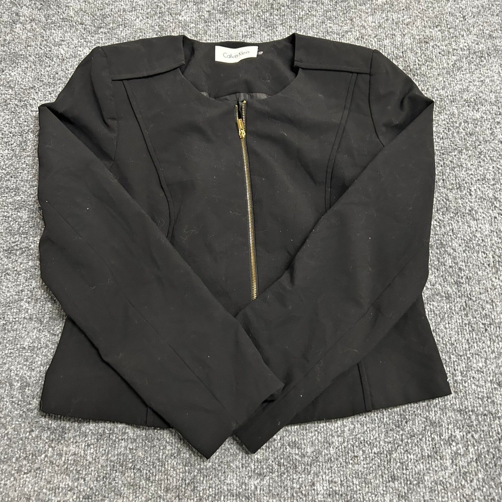 Calvin Klein Blazer Womens Size 10 Black Zip Up Collarless Professional Workwear